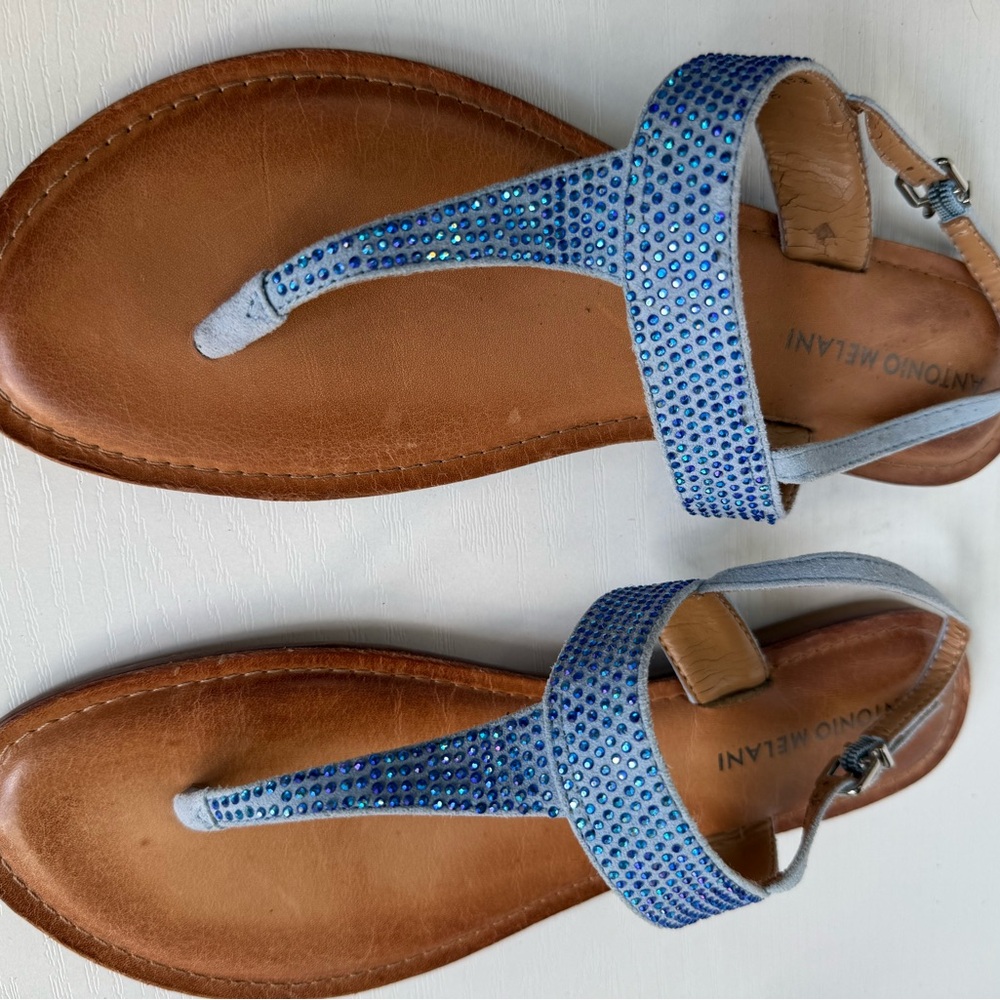 ANTONIO MELANI Blue Crystal Embellished T-Strap Sandals
